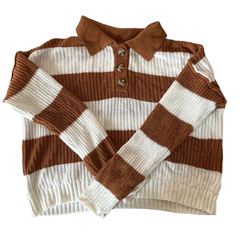 Knitted Striped Collared Button Up Oversized Girls Sweater